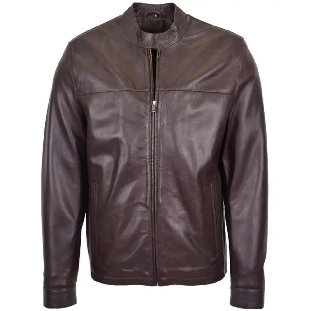Mens Brown Leather Standing Collar Biker Jacket 