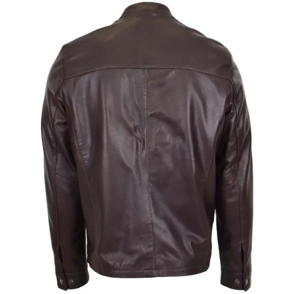 Mens Brown Leather Standing Collar Biker Jacket 