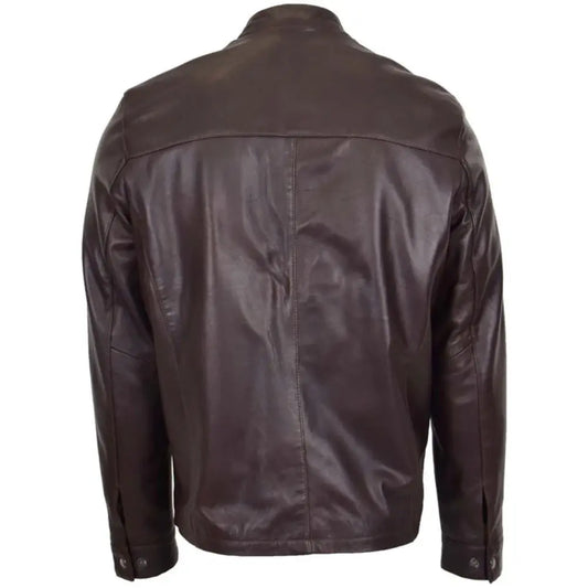 Mens Brown Leather Standing Collar Biker Jacket 