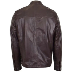 Mens Brown Leather Standing Collar Biker Jacket 