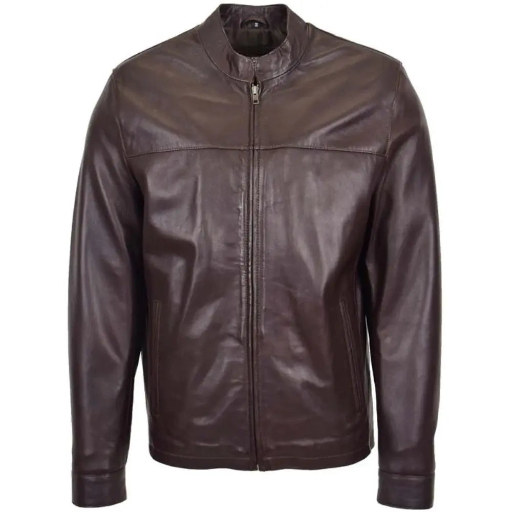 Men Brown Leather Standing Collar Jacket
