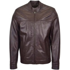 Men Brown Leather Standing Collar Jacket