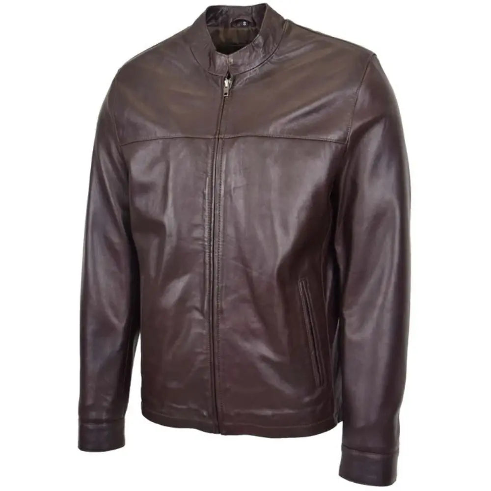 Mens Brown Leather Standing Collar Biker Jacket 
