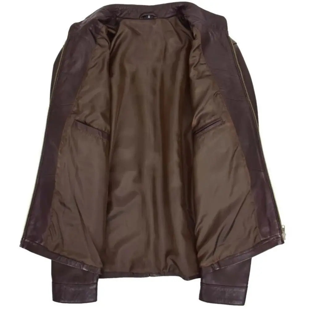 Mens Brown Leather Standing Collar Biker Jacket 