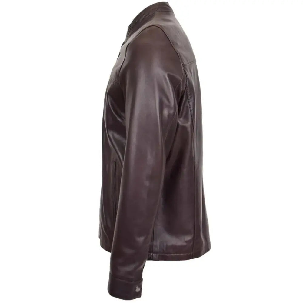 Mens Brown Leather Standing Collar Biker Jacket 