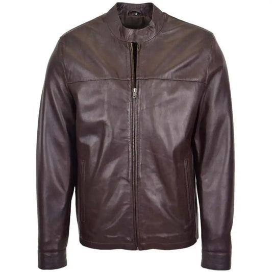 Mens Brown Leather Standing Collar Biker Jacket 