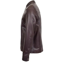 Mens Brown Leather Standing Collar Biker Jacket 