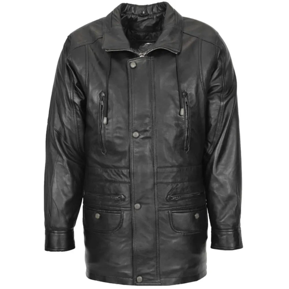 Mens Leather Winter Short Length Black Coat 