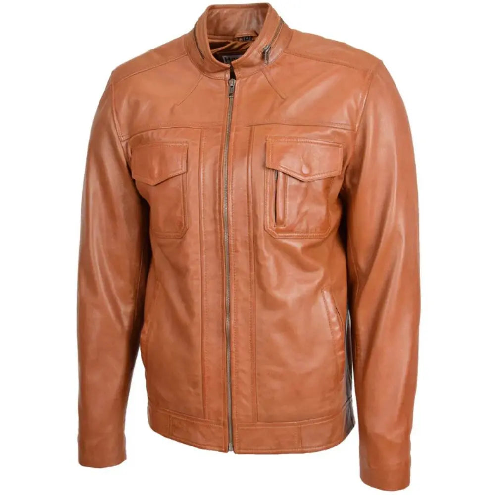 Mens Tan Casual Biker Leather Jacket