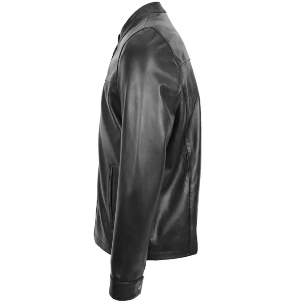 Mens Black Leather Standing Collar Biker Jacket 