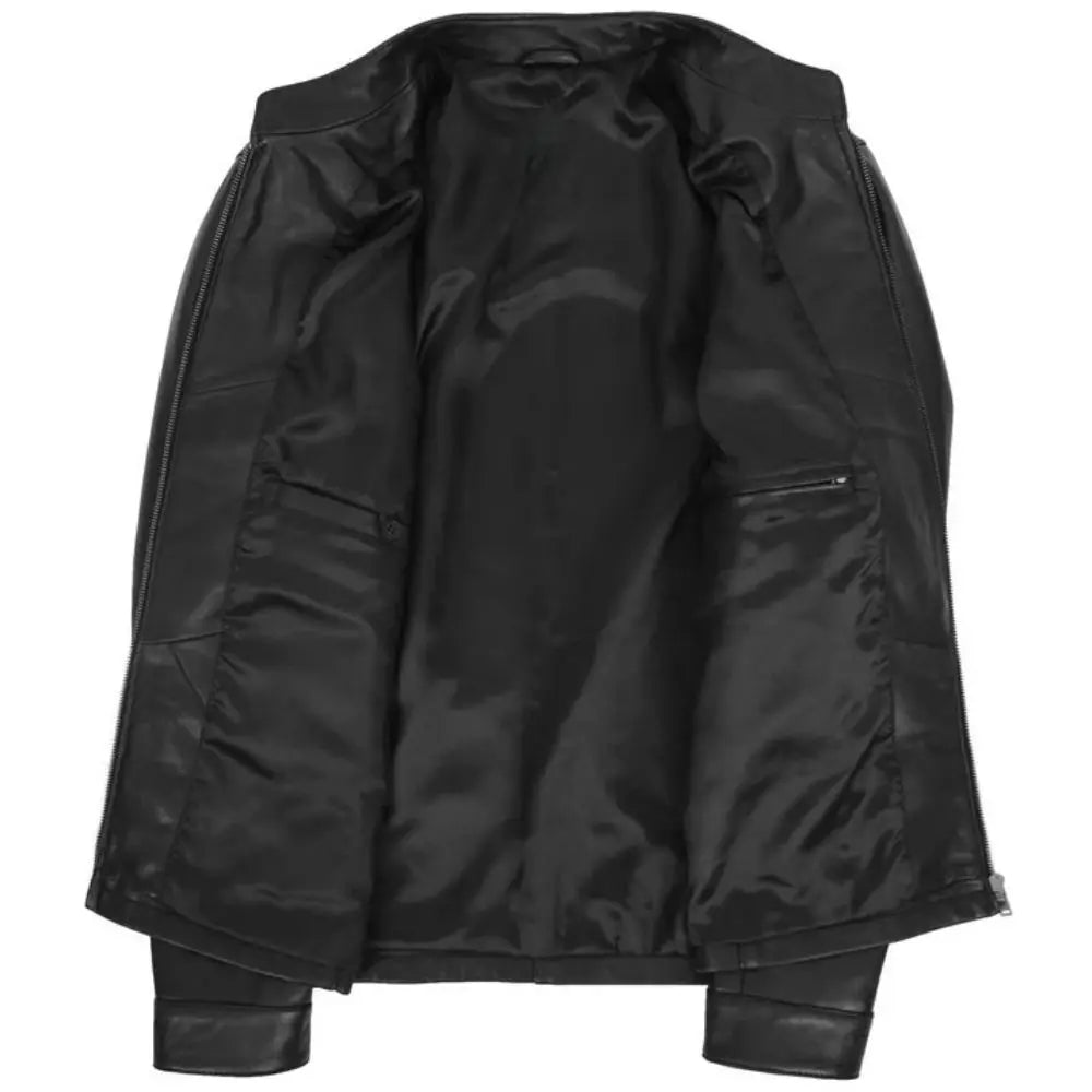 Mens Black Leather Standing Collar Biker Jacket 