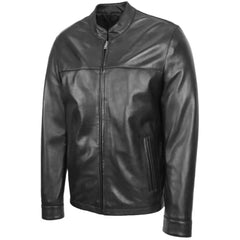 Mens Black Leather Standing Collar Biker Jacket 