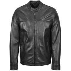 Mens Black Leather Standing Collar Biker Jacket 