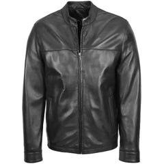 Mens Black Leather Standing Collar Biker Jacket 