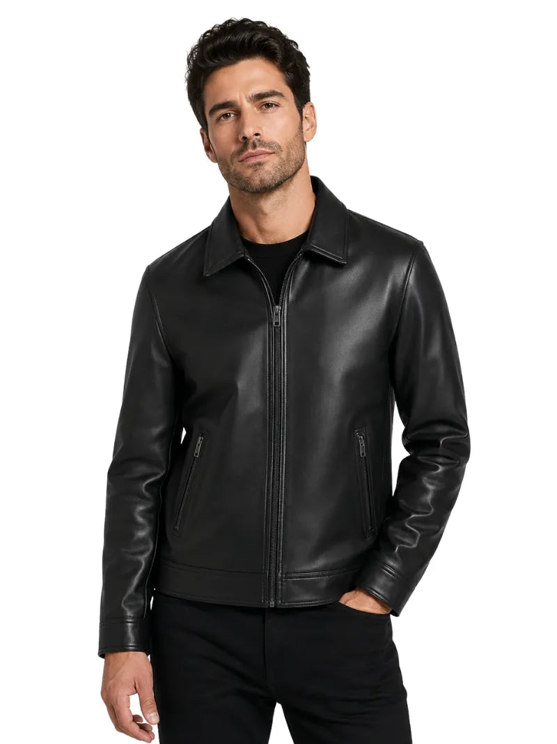 Modern Men's Collared Black Leather Jacket