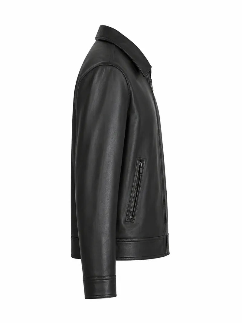 Modern Men's Collared Black Leather Jacket