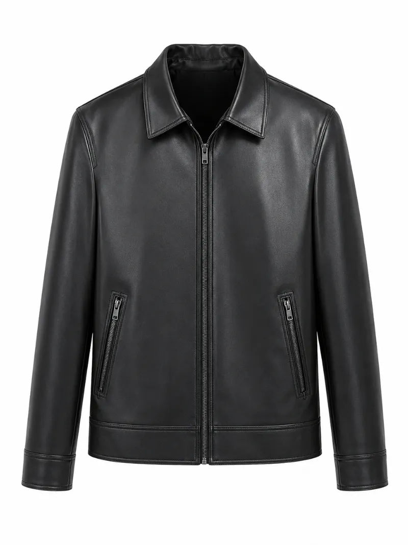 Modern Men's Collared Black Leather Jacket