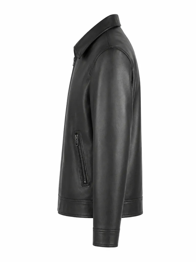 Modern Men's Collared Black Leather Jacket