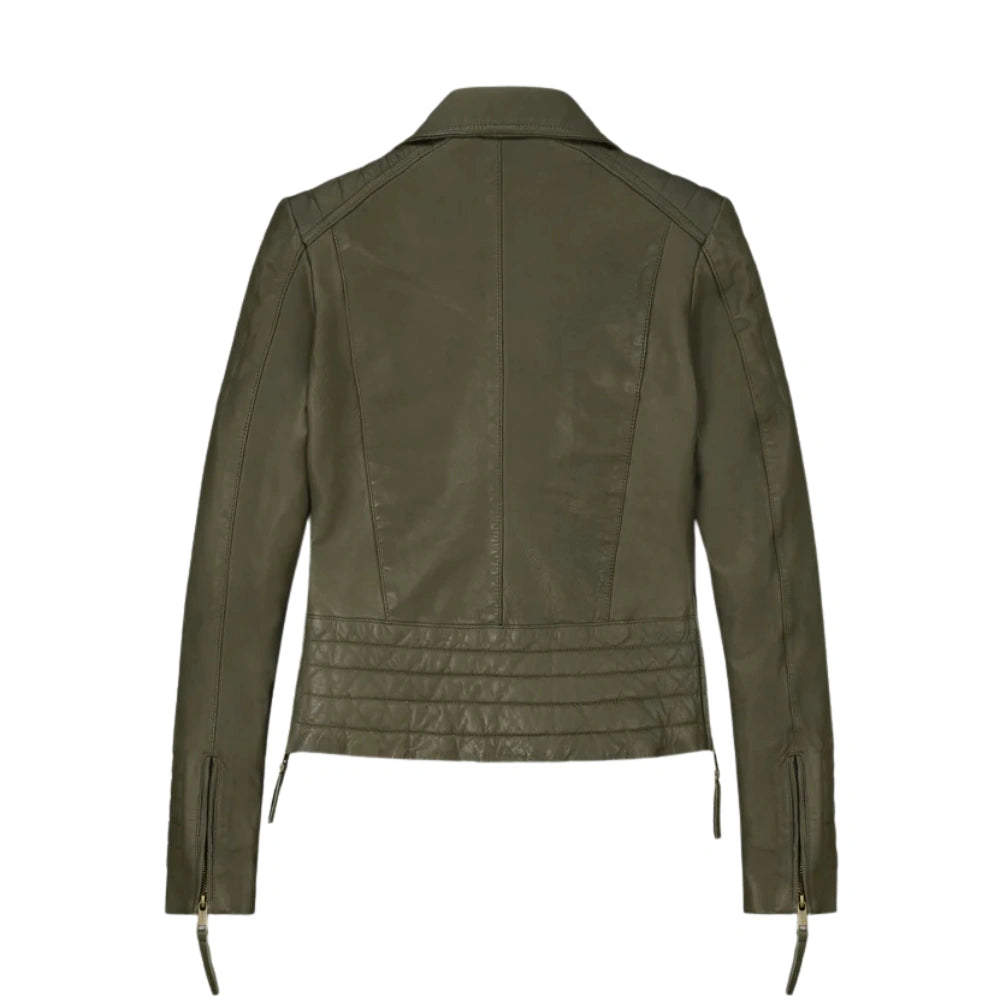 Modern Olive Green Fitted Leather Jacket for Women