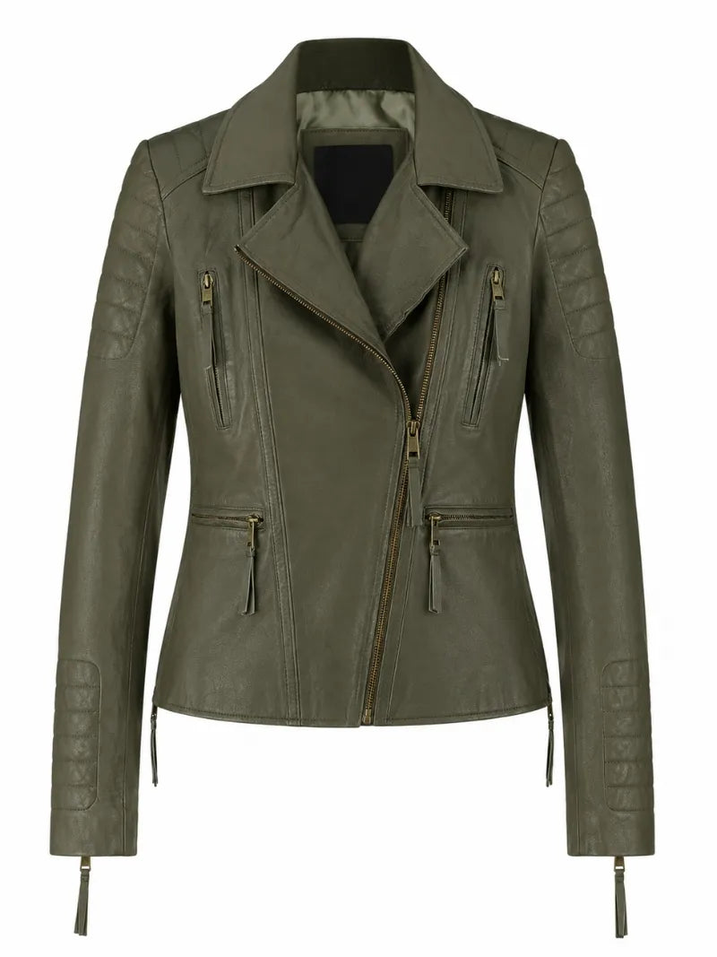 Modern Olive Green Fitted Leather Jacket for Women Front 