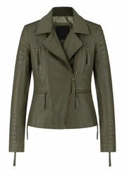 Modern Olive Green Fitted Leather Jacket for Women Front 
