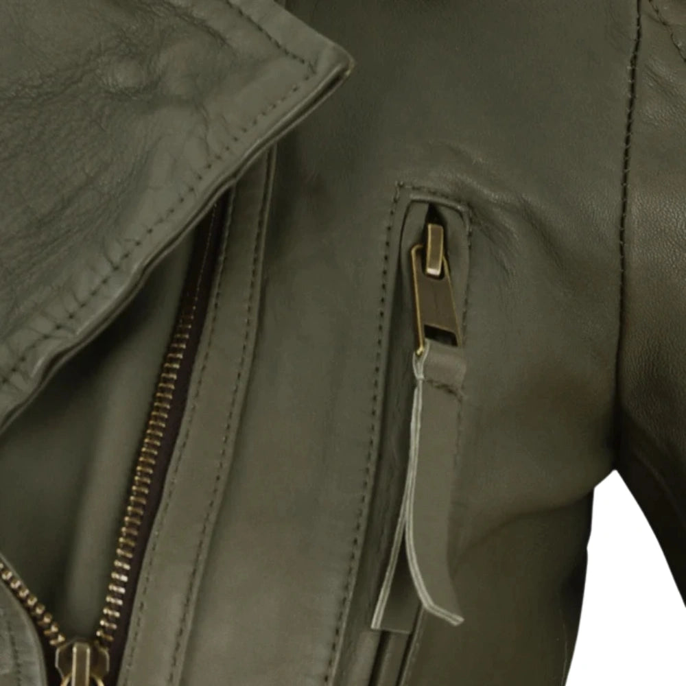 Modern Olive Green Fitted Leather Jacket for Women