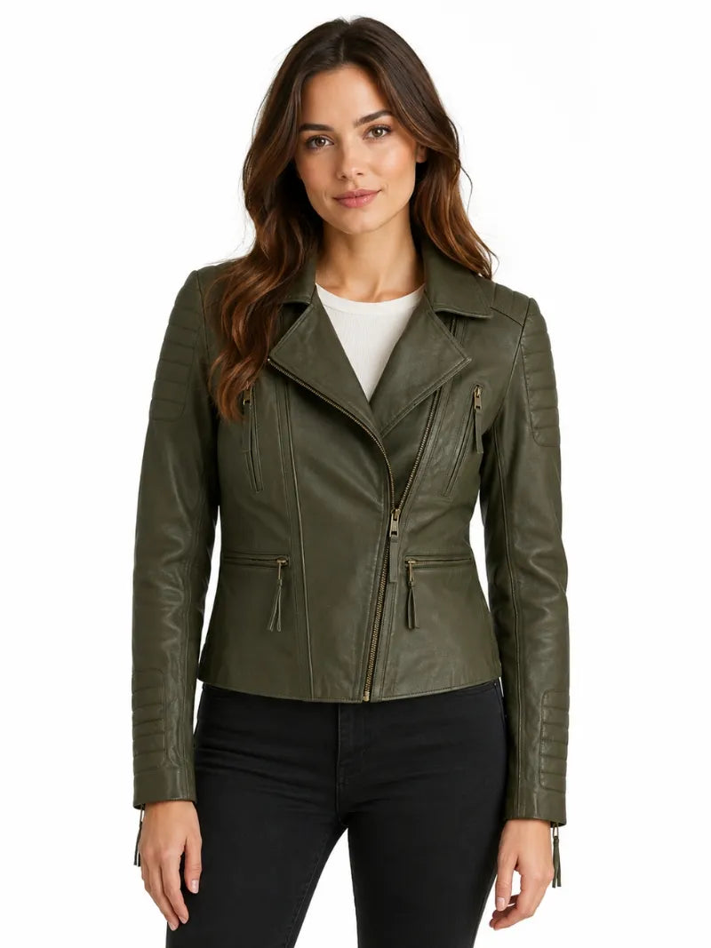 Modern Olive Green Fitted Leather Jacket for Women Full 