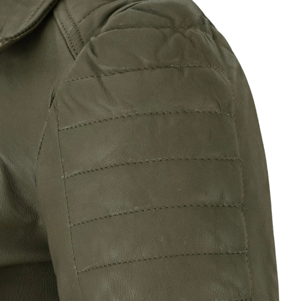 Modern Olive Green Fitted Leather Jacket for Women