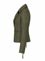 Modern Olive Green Fitted Leather Jacket for Women Left 