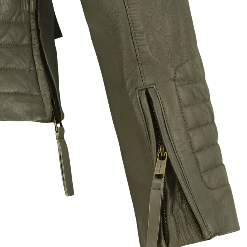 Modern Olive Green Fitted Leather Jacket for Women