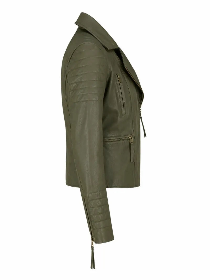 Modern Olive Green Fitted Leather Jacket for Women Right 