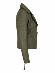Modern Olive Green Fitted Leather Jacket for Women Right 