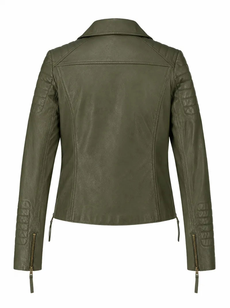 Modern Olive Green Fitted Leather Jacket for Women Back 