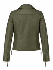 Modern Olive Green Fitted Leather Jacket for Women Back 