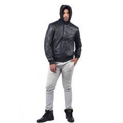 Modern Black Leather Bomber Jacket with Hoodie