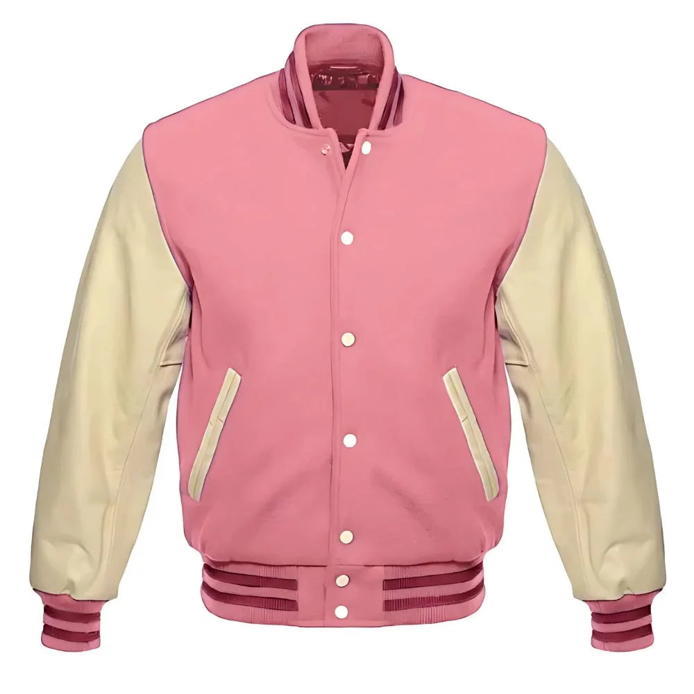 Pink Leather and Fleece Varsity Jacket
