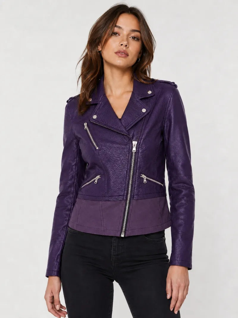 Sleek Black Zipper Leather Jacket for Women Full