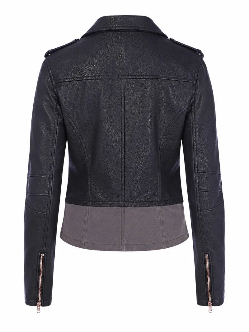 Sleek Black Zipper Leather Jacket for Women Back 