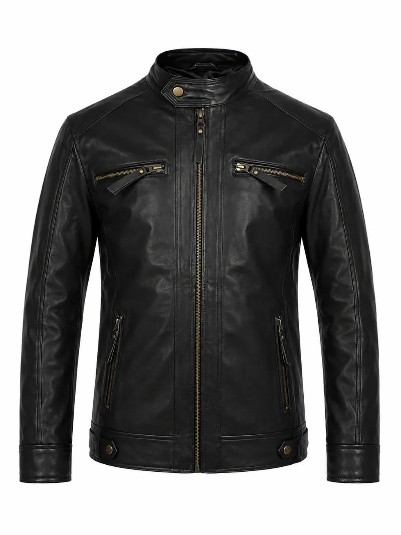 Slimfit Black Leather Jacket for Men Front 