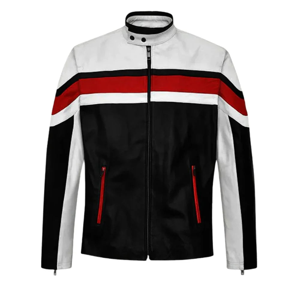Sporty Men’s White Leather Jacket