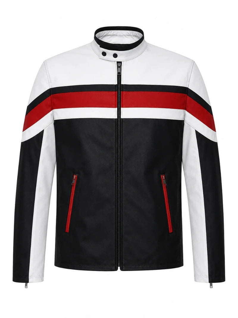 Sporty Men’s White Leather Jacket Front 