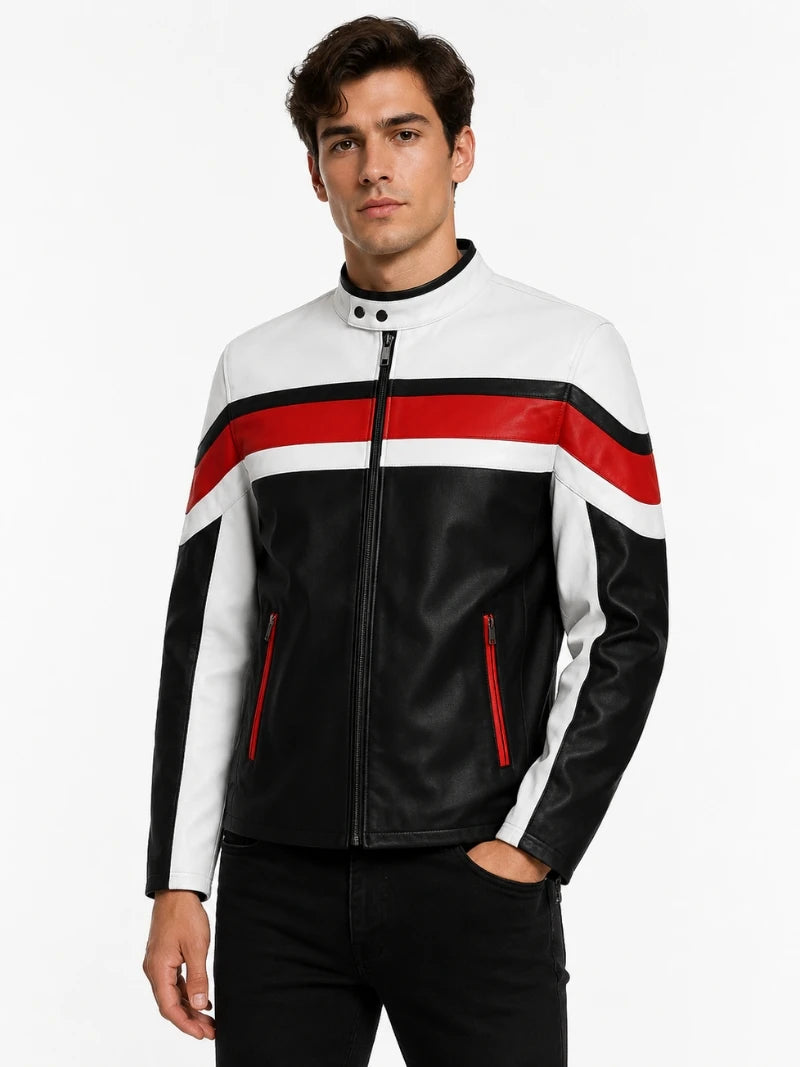 Sporty Men’s White Leather Jacket Full