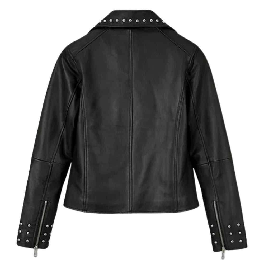 Stylish Black Leather Jacket with Studded Lapel and Cuffs