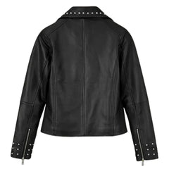 Stylish Black Leather Jacket with Studded Lapel and Cuffs