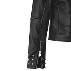 Stylish Black Leather Jacket with Studded Lapel and Cuffs