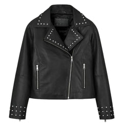 Stylish Black Leather Jacket with Studded Lapel and Cuffs