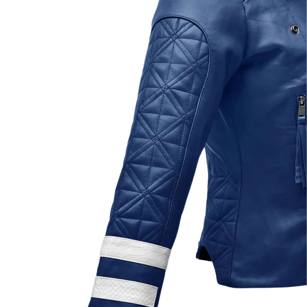 Stylish Blue Leather Jacket with White Stripes