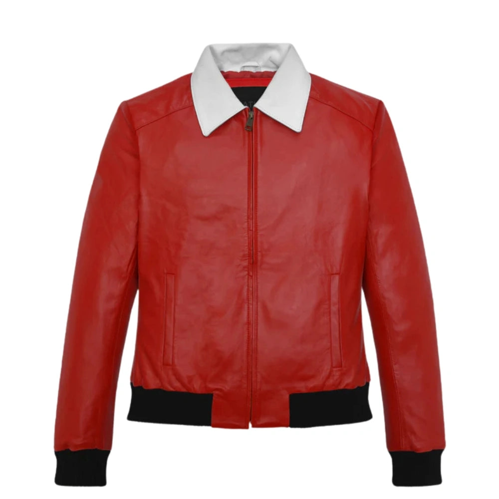 Stylish Red Leather Jacket with Contrast White Collar
