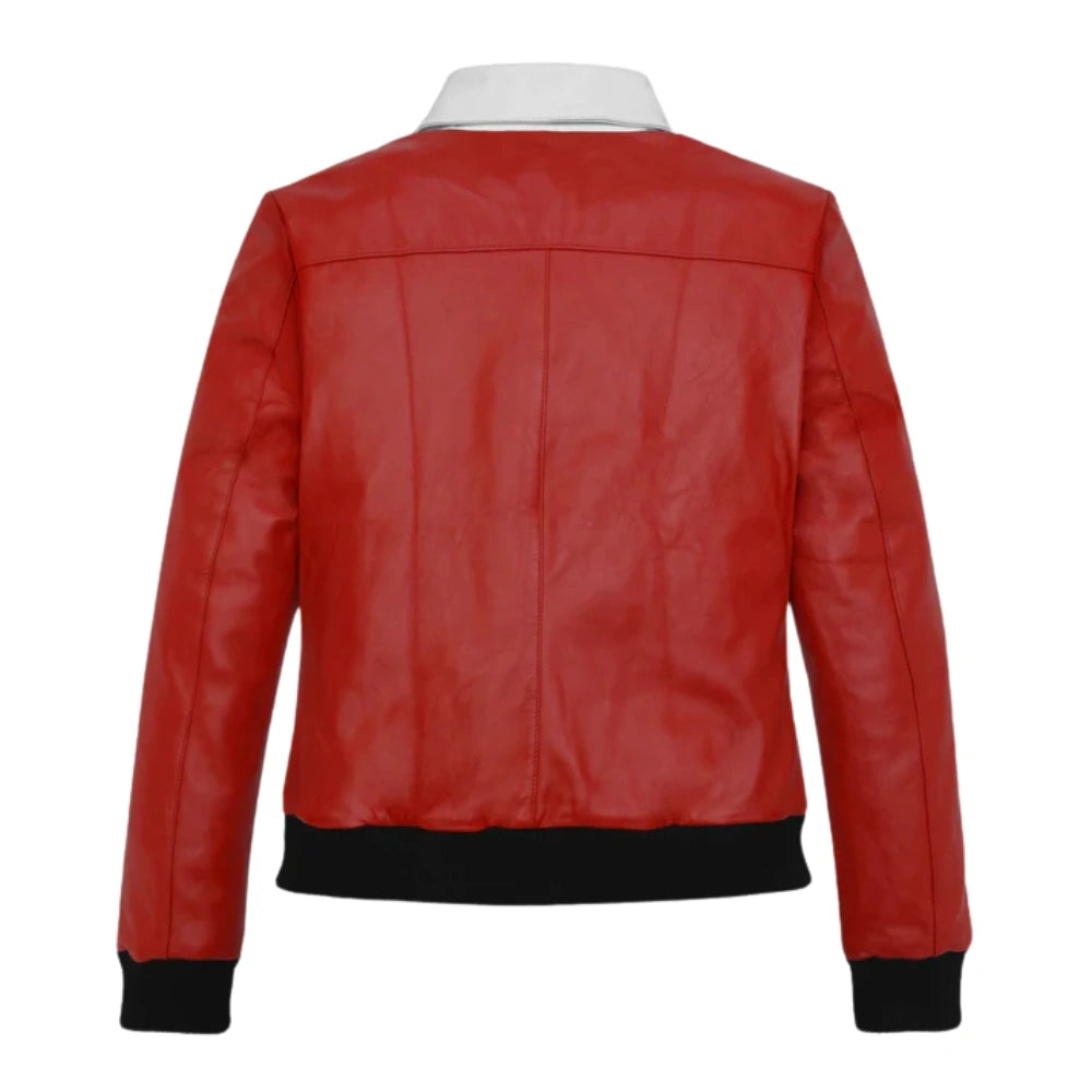 Stylish Red Leather Jacket with Contrast White Collar