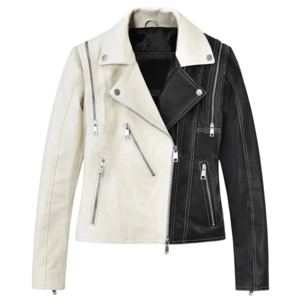 Women's Black and White Color Block Leather Jacket